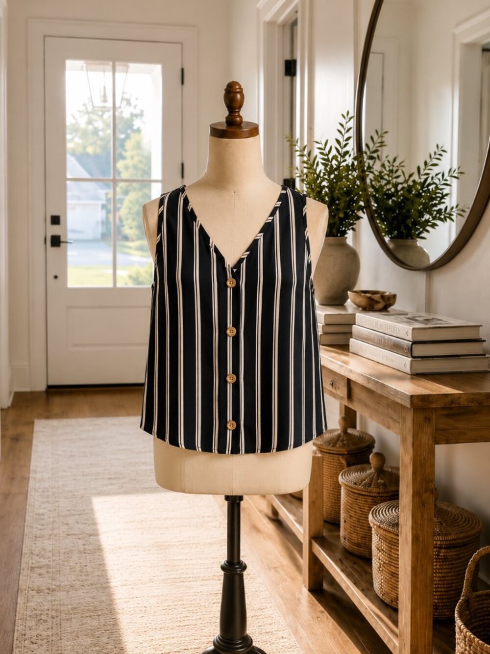 Vero Moda XL Blue & Cream Stripped Ladies Tank Blouse Button Front Cropped